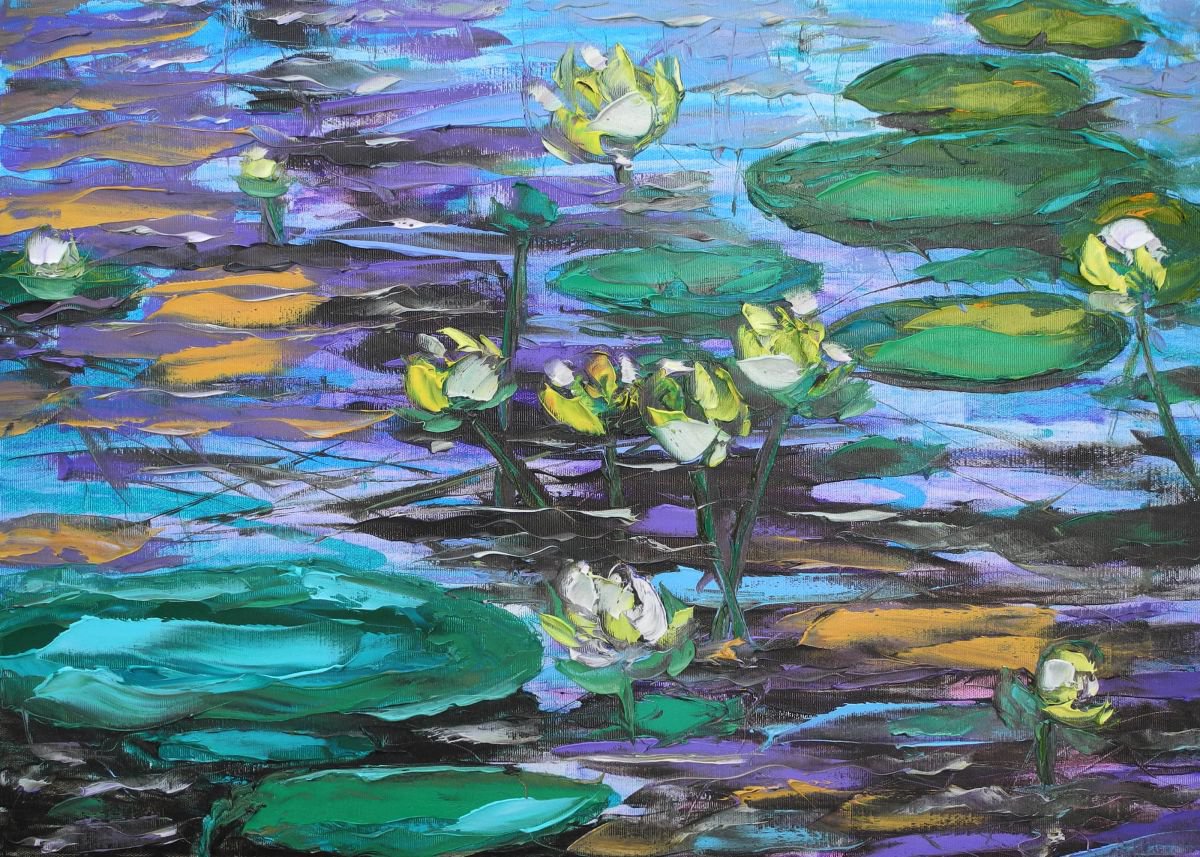 Blue pond - palette knife impasto painting impressionistic flowers alla prima original art... by A E Shengelia