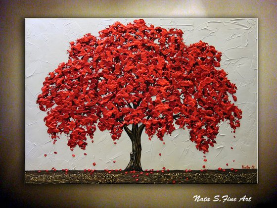 Red Oak Original Abstract Textured Tree Painting, Red White Bronze Artwork