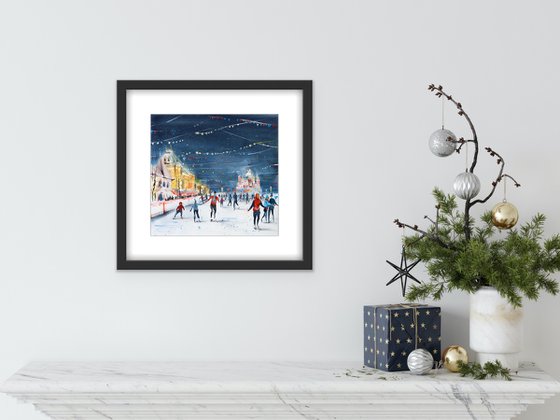 Skating rink on Red Square, Moscow. Original watercolor artwork.
