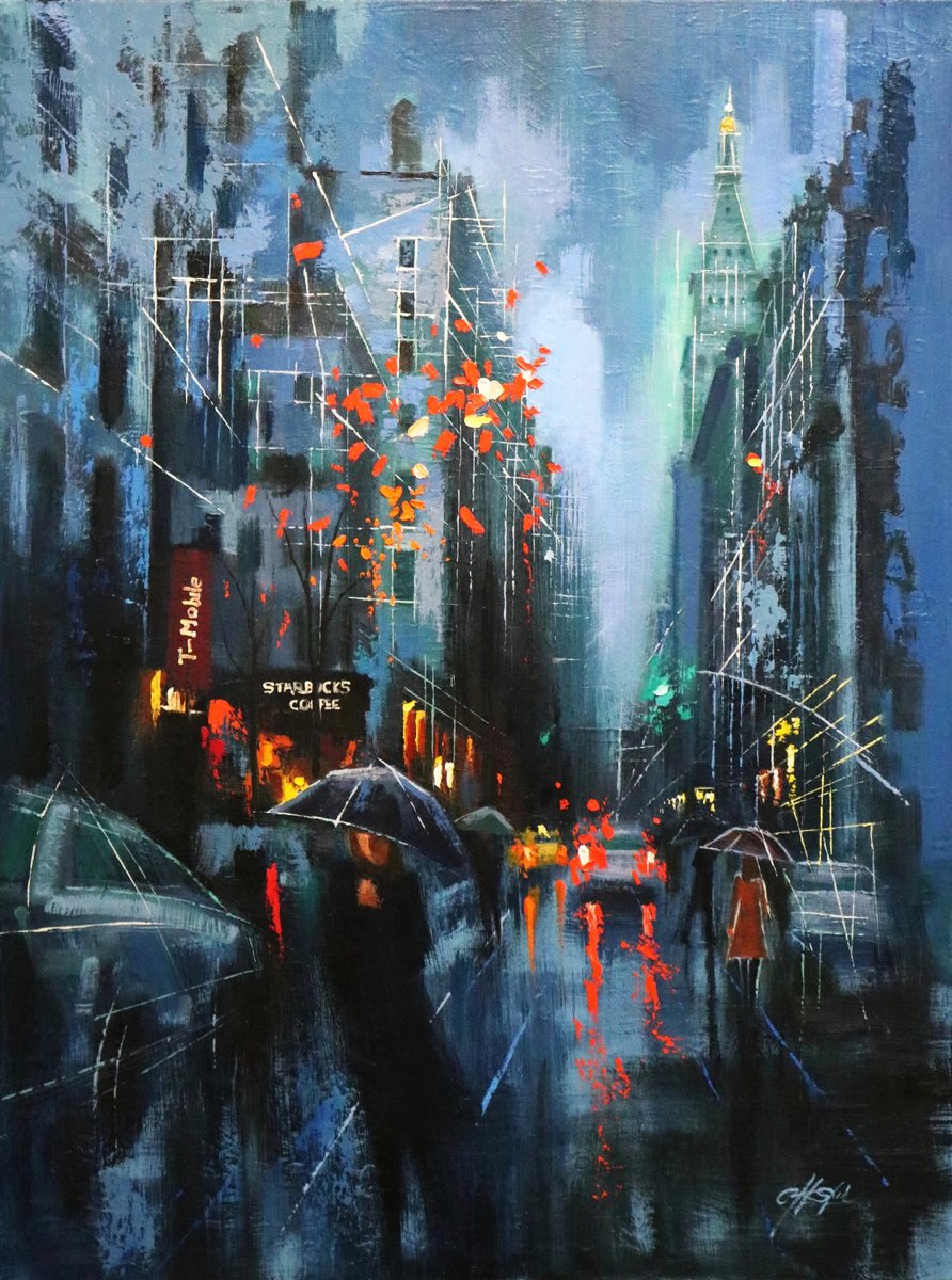 Expressive Cityscapes Oil Painting By Chin H Shin, 30 X 40, Blue Evening In Mid Manhattan, Original Artwork