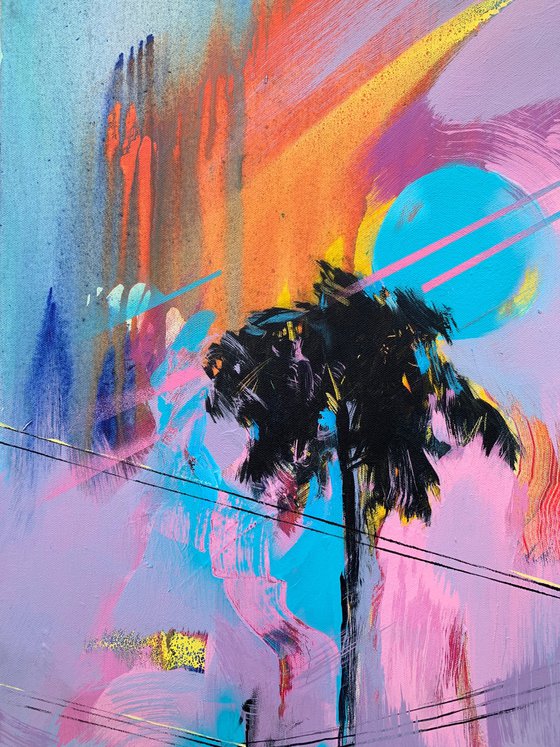 Pink artwork - "Flight to Los Angeles" - Pop Art - Violet painting - Palm - Street Art - Expressionism - Sunset