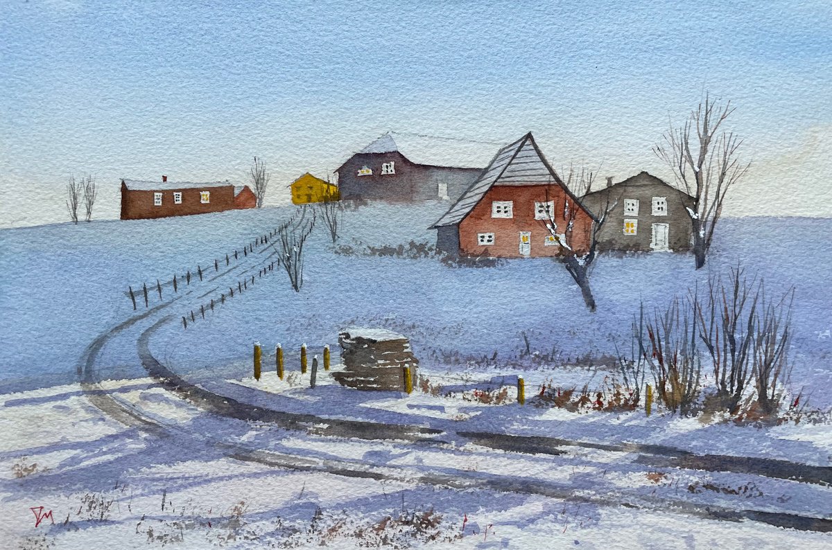 Impressionistic Landscape Watercolour By Shelly Du, 12 X 8", Snow In The Country Side, Original Artwork