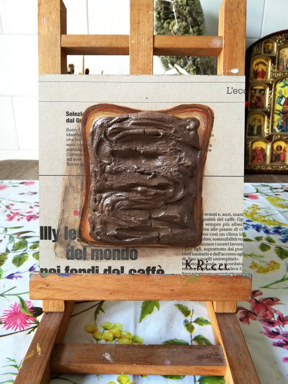 "Toast with Nutella" Original Acrylic on Wooden Board Painting 6 by 6 inches (15x15 cm)