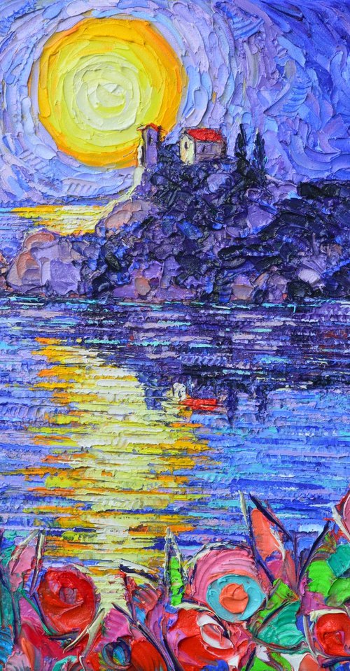 ISOLA BELLA MYSTIC MOONLIGHT Sicily Italy textural impasto palette knife oil painting by Ana Maria Edulescu modern contemporary impressionism art by ANA MARIA EDULESCU