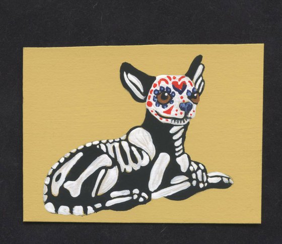 ACEO ATC Original Day of the Dead Sugar Skull Painting Chihuahua Pet Dog Art-Carla Smale