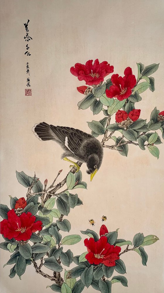 Beautiful Life, Flower&Bird Goingbi Brush Painting, Original Artwork