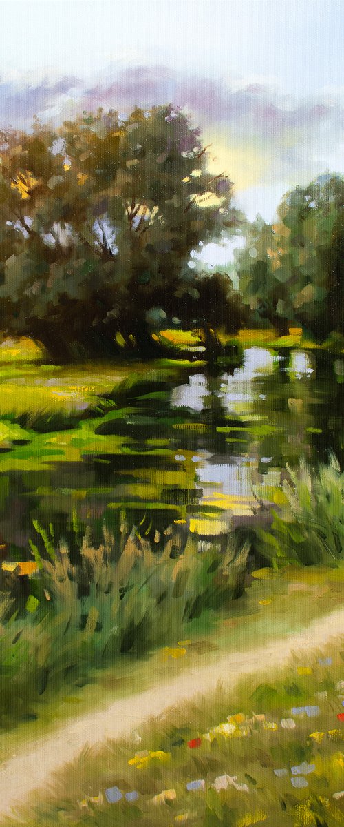 Warm evening near the river (Modern Impressionistic Landscape Oil Painting, Gift for nature lovers) by Yaroslav Sobol