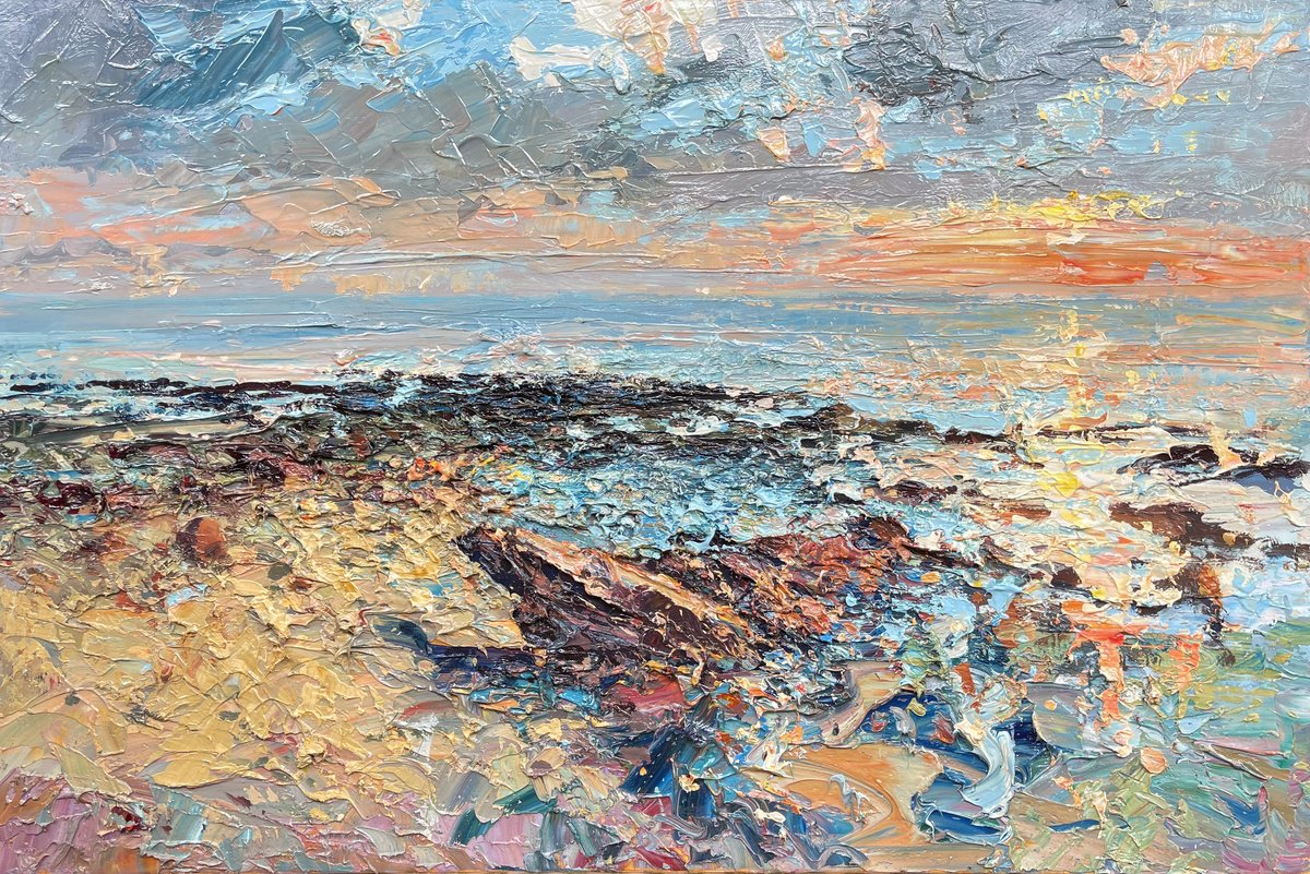 Expressive Landscape Oil Painting By Agostino Veroni, 36 X 24, Beach At Sunset, Original Artwork