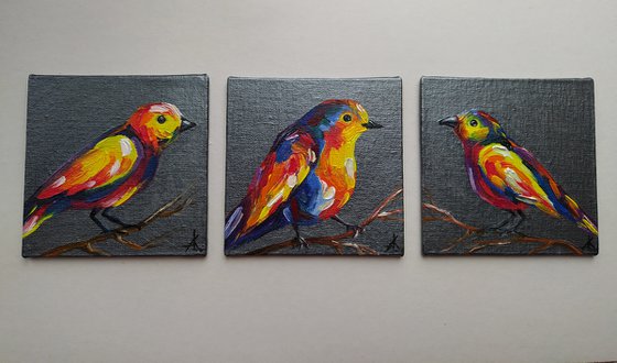 Triptych - birds, birds in love, oil painting, colored birds, love, for lovers, small birds, animals