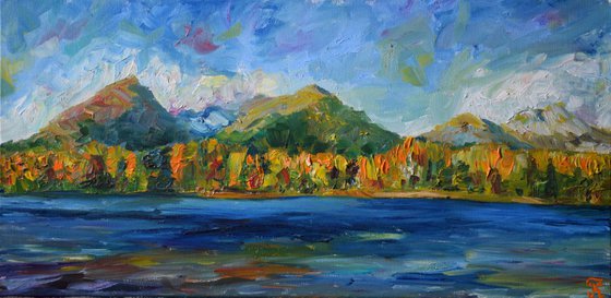 Oil original painting Autumn mountains in Slovakia