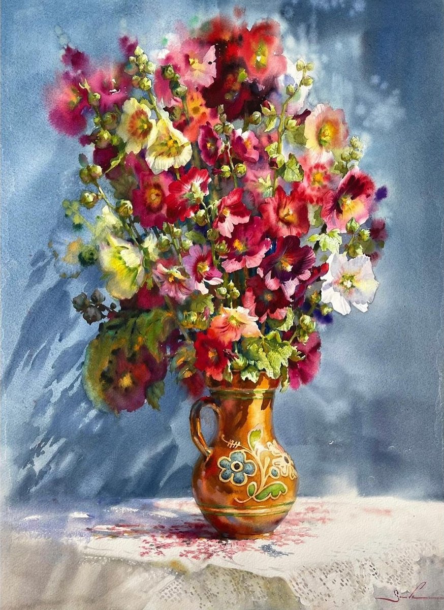 Expressive Botanical Watercolour By Samira Yanushkova, 22 X 30", Flowers Malva, Original Artwork