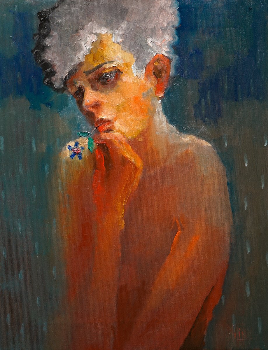 Impressionistic Portrait Oil Painting By Pavel Filin, 14 X 18", Boy With A Violet, Original Artwork