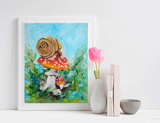 Snail Painting Mushroom Original Art Forest Landscape Artwork Animal Wall Art Oil Impasto Painting