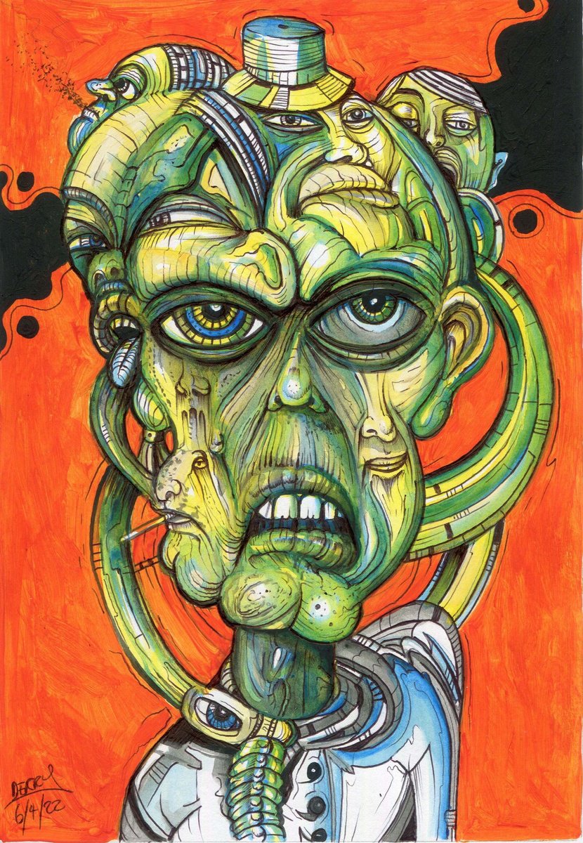 Surrealistic Portrait Drawing By Spencer John Derry, 8 X 12", Sick Man, Original Artwork