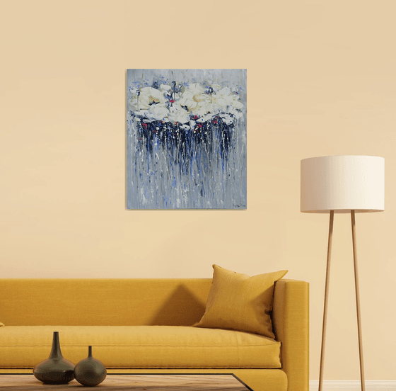 White violets (60x70cm, oil painting, palette knife, ready to hang)