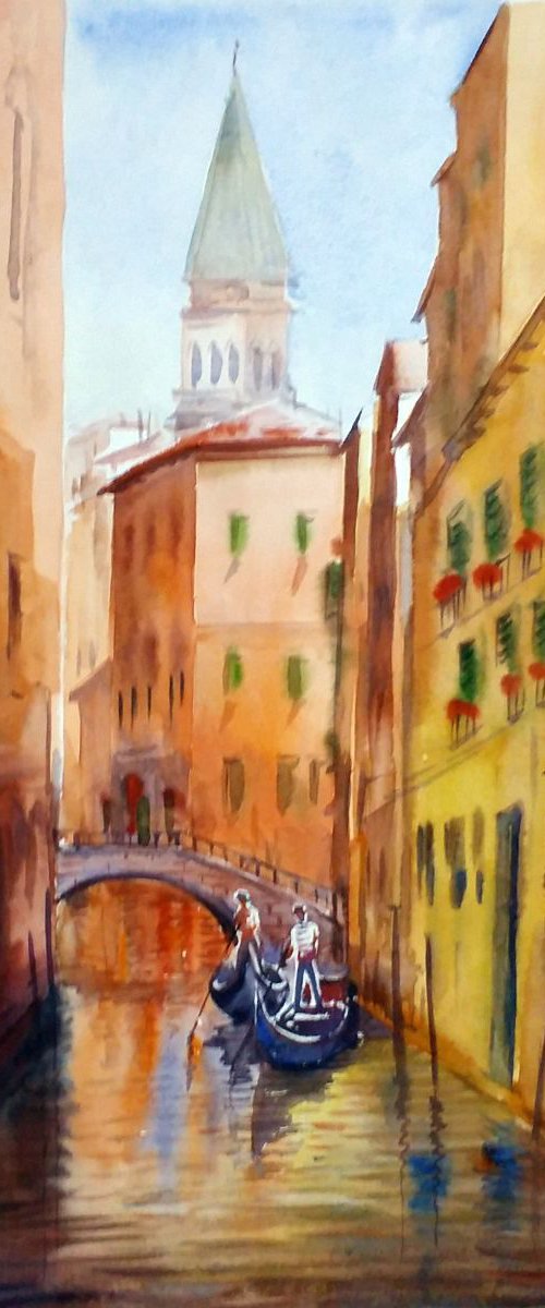 Morning Venice Canals II - Watercolor Painting by Samiran Sarkar