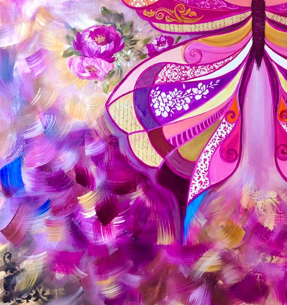 PINK URANIA - Big butterfly. Pink butterfly. Tropical butterfly. Abstract butterfly. Magic wings. Gold splashes. Steampunk style. Nature. Air. Flutters.