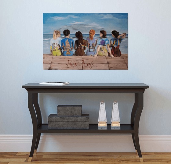 Pink Floyd. Oil painting with famous band.Women,girls.See,mountains and landscape. Sex girls