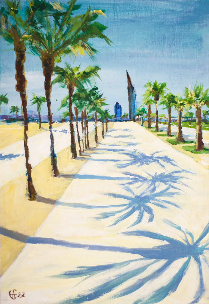 Barcelona. Walk near the sea. Original acrylic painting palms shade contrast by Sasha Romm