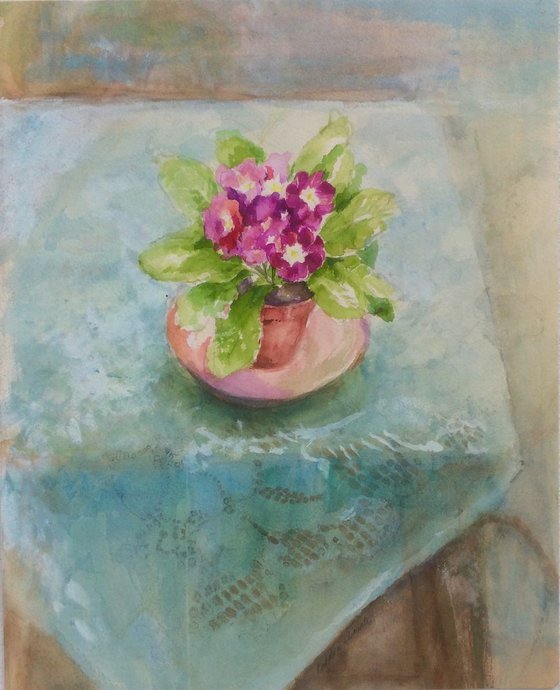 Lace cloth and Purple Primula still life