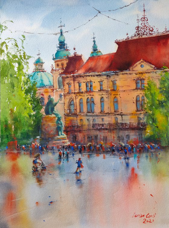 Ljubljana after rain | Original watercolor painting (2018) Hand-painted Art Small Artist | Mediterranean Europe Impressionistic