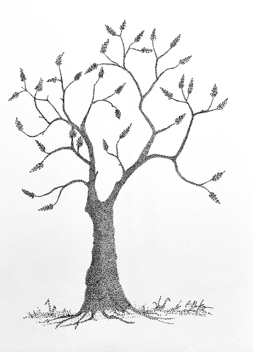 Solitary tree - ink on paper - dots by Cristina Stefan
