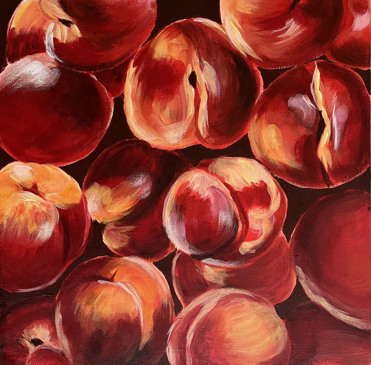 Surrealistic Acrylic Painting , Rollin Peaches By Dal Kaur, 12 X 12, Artwork For Sale On Artfinder