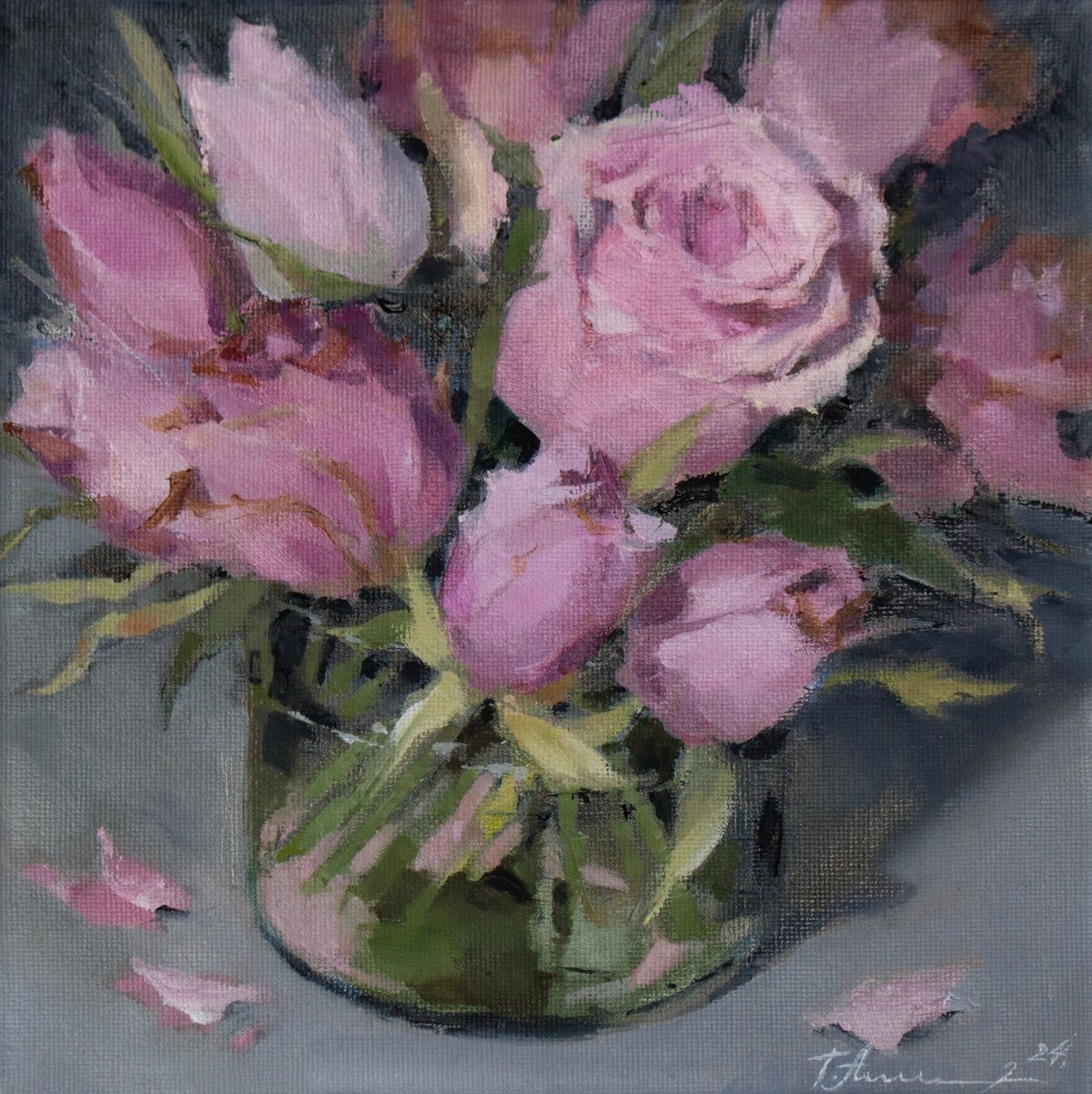 Impressionistic Botanical Oil Painting By Tatiana Alekseeva, 8 X 8", Roses. Pink Serenade., Original Artwork
