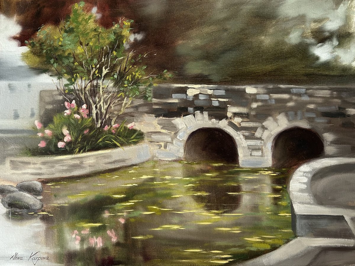 Impressionistic Landscape Oil Painting By Alina Karpova, 16 X 12, The Quiet Bridge, Original Artwork