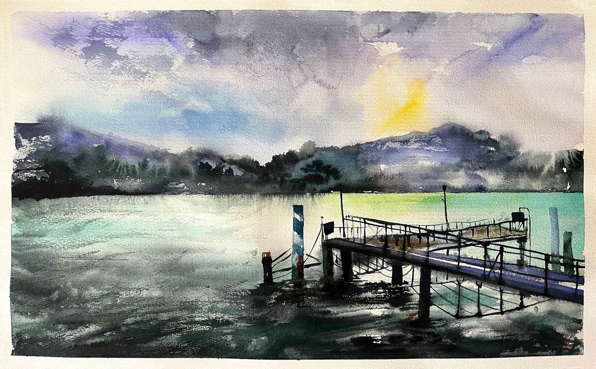 Impressionistic Landscape Watercolour By Maria Kireev, 24 X 15", Sunset At The Pier On Como, Original Artwork
