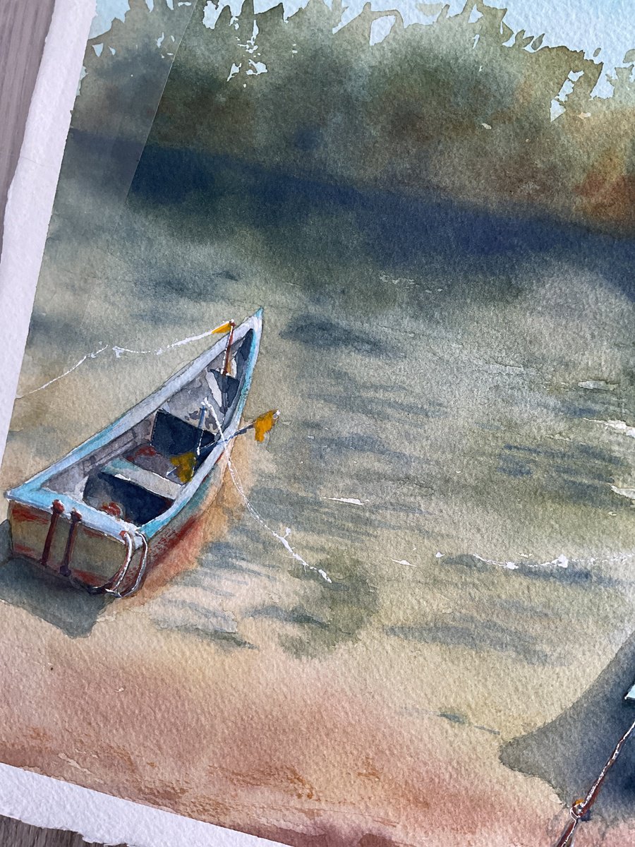 Illustrative Landscape Watercolour By Natalia Butenko, 14 X 10", At The Pier, Boats,, Original Artwork
