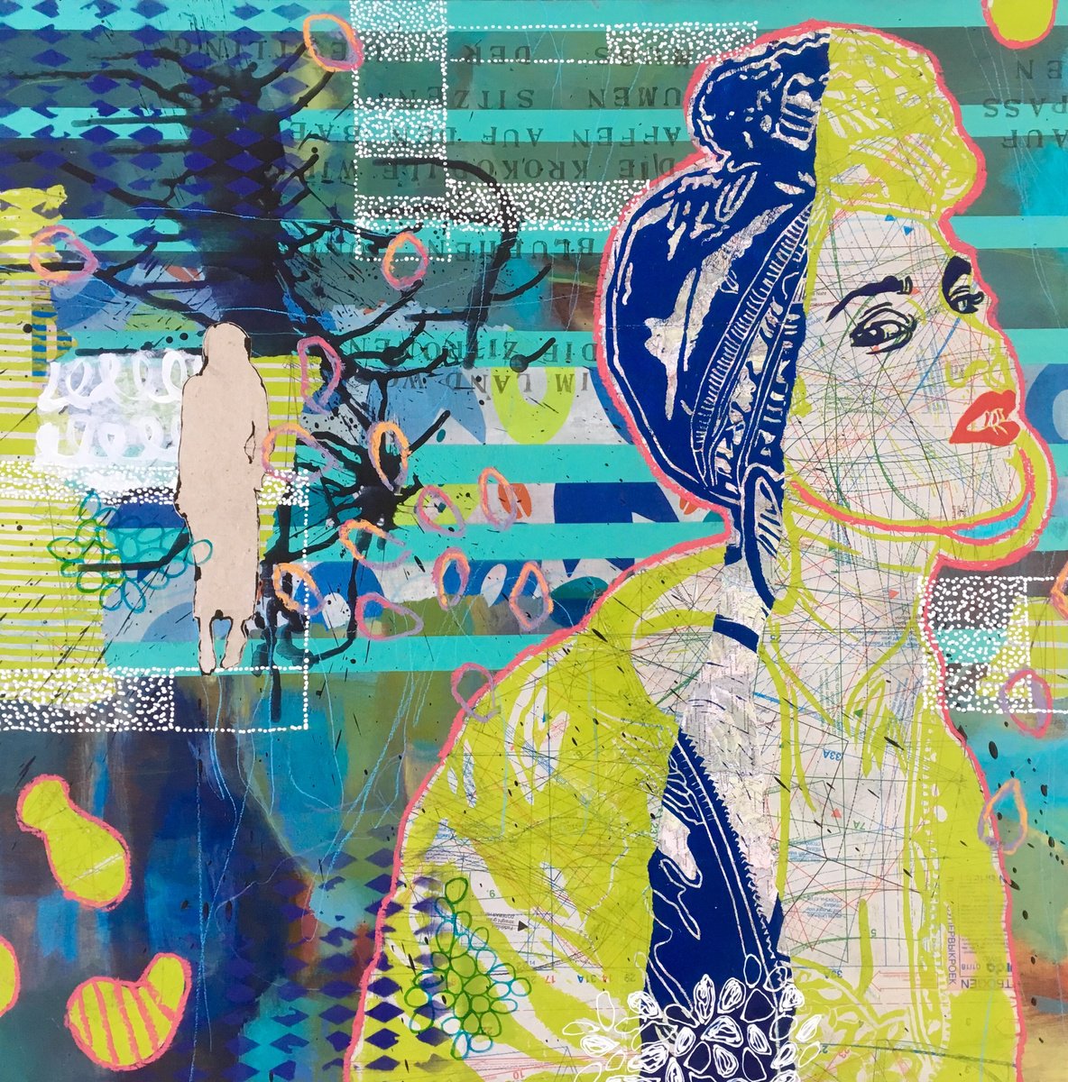 Expressive Portrait Painting By Marita Tobner, 31 X 31", In The Land Where The Lemons Bloom -, Original Artwork