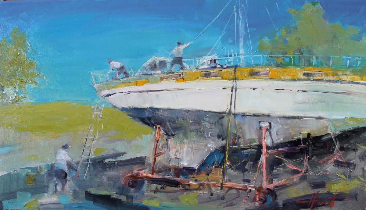 Expressive Oil Painting , A Day At The Dock By Hovart, 28 X 16, Artwork For Sale On Artfinder