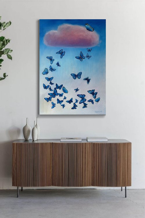 "Butterfly flight to the cloud". Original oil painting XXL by Mary Voloshyna
