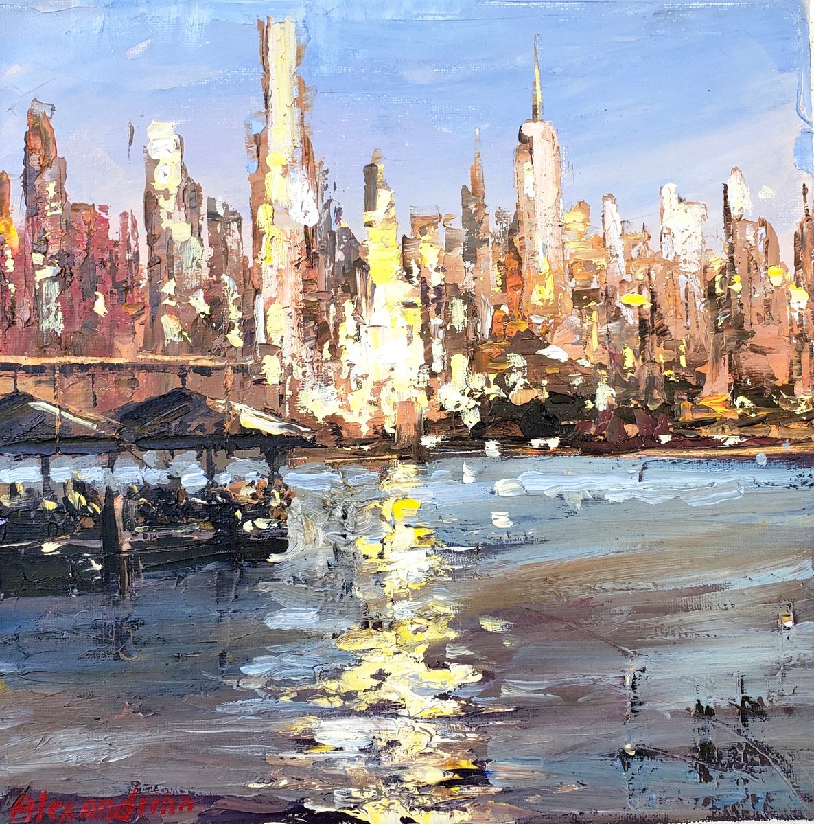 Impressionistic Cityscapes Oil Painting By Irina Alexandrina, 10 X 10, Manhattan View. New York, Original Artwork