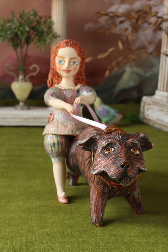 Girl Walking her Dog. Ceramic Sculpture by Elya Yalonetski