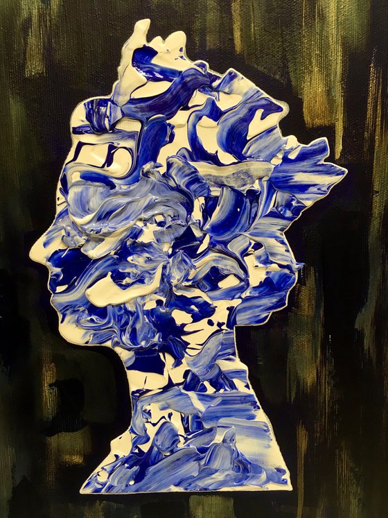 Queen # 81 on deep blue , white and ultramarine Marble Pattern  PAINTING INSPIRED BY QUEEN ELIZABETH PORTRAIT