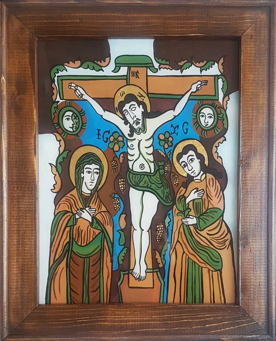 The crucifixion of Jesus - Romanian Traditional Folk Icon Reverse Side Technique on Acrylic Glass