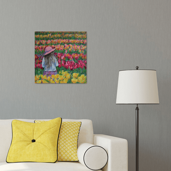 Among Tulips. Tulip field 19.7x19.7 inch /  ORIGINAL PAINTING