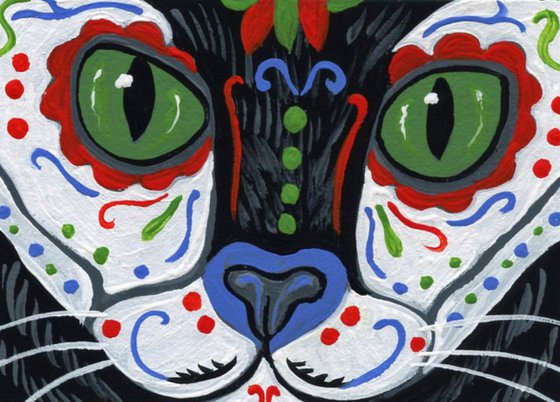 ACEO ATC Original Day of the Dead Sugar Skull Painting Black Cat Pet Art-Carla Smale