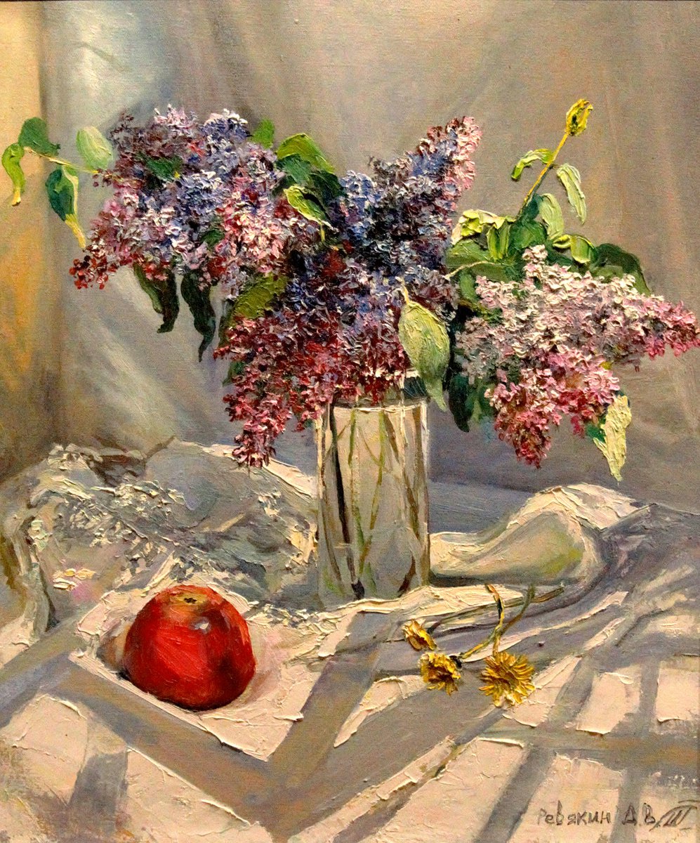 Still life with lilac and an apple. Oil painting by Dmitry Revyakin