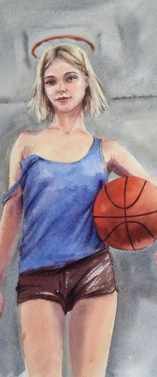 Basketball Angel - Basketball Madonna - Portrait of Young Lady - Young Woman - Young Girl - Youth by Olga Beliaeva Watercolour