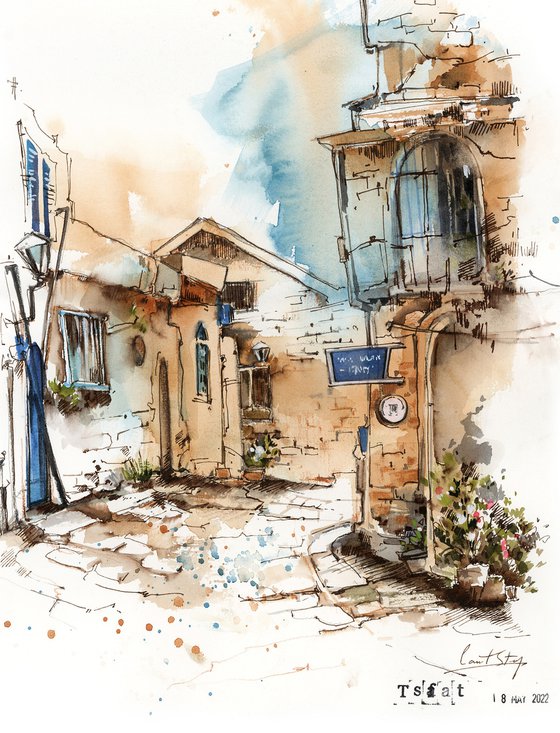 Tsfat Israel City - Architecture Mixed Media Painting