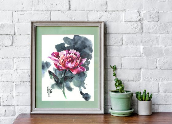 "Scent of a peony flower on a summer evening" original modern expressive watercolor flower on gray background