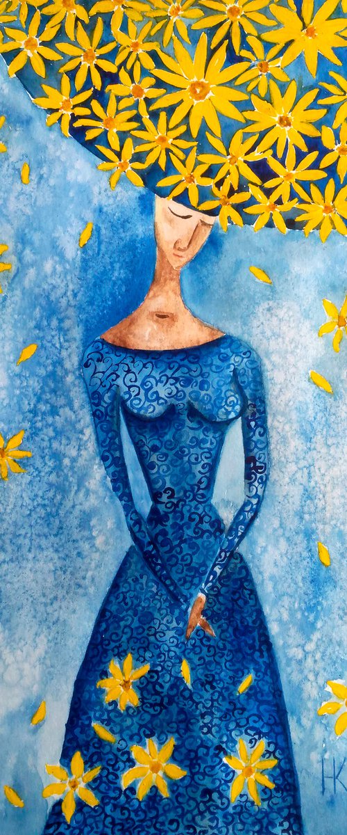 "Daisy" original watercolor painting woman and yellow flowers daisy classic blue dress by Halyna Kirichenko