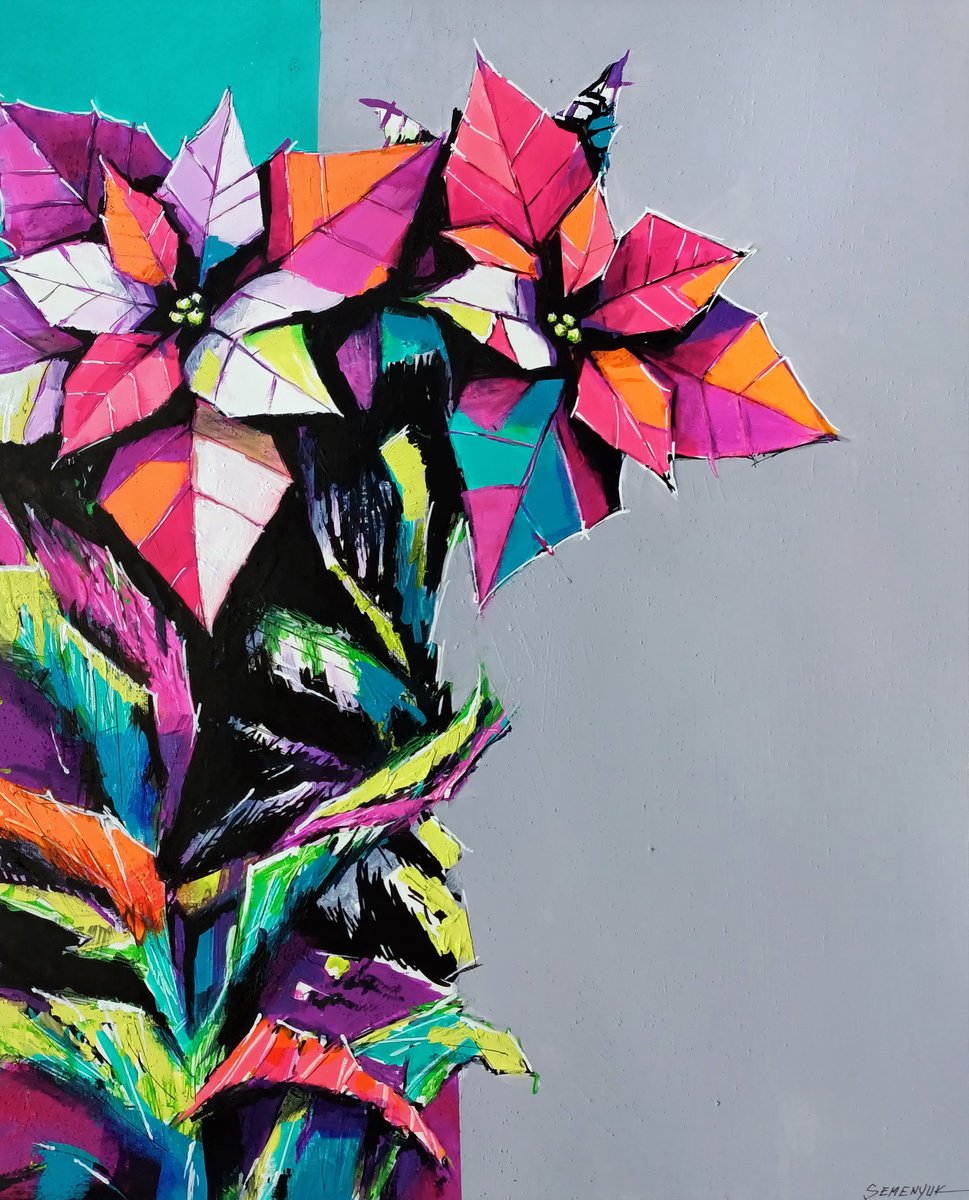 Abstract Botanical Acrylic Painting By Evgen Semenyuk, 20 X 28, Bright Floral Composition, Original Artwork