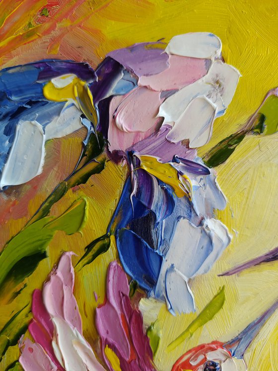 The awakening of love - birds, hummingbird, love, irises, flowers, oil painting, irises flowers, gift idea