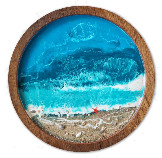 Starfish beach - original seascape 3d resin artwork, framed, ready to hang