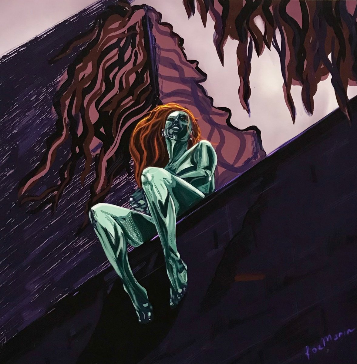 Surrealistic Portrait Giclee Print By Marina Deryagina, 31 X 31", Red &Amp; Green, Original Artwork