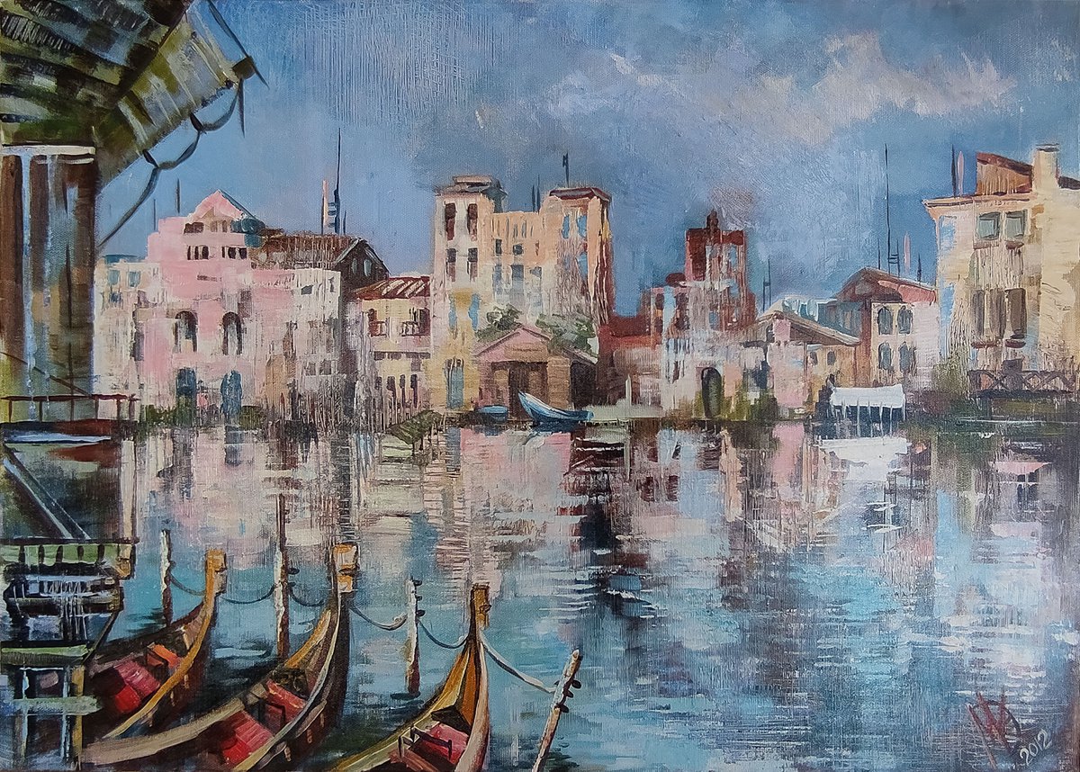 Impressionistic Landscape Acrylic Painting By Maria Kireev, 28 X 20", Blue Venice, Original Artwork